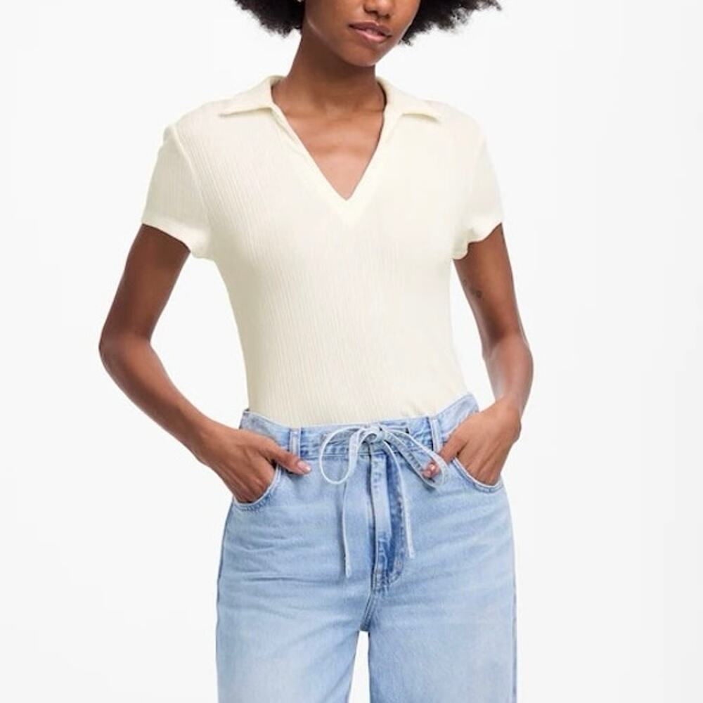 NWT Madewell Ribbed V-Neck Cap Sleeve Stretch Polo Tee Lighthouse Ivory Small